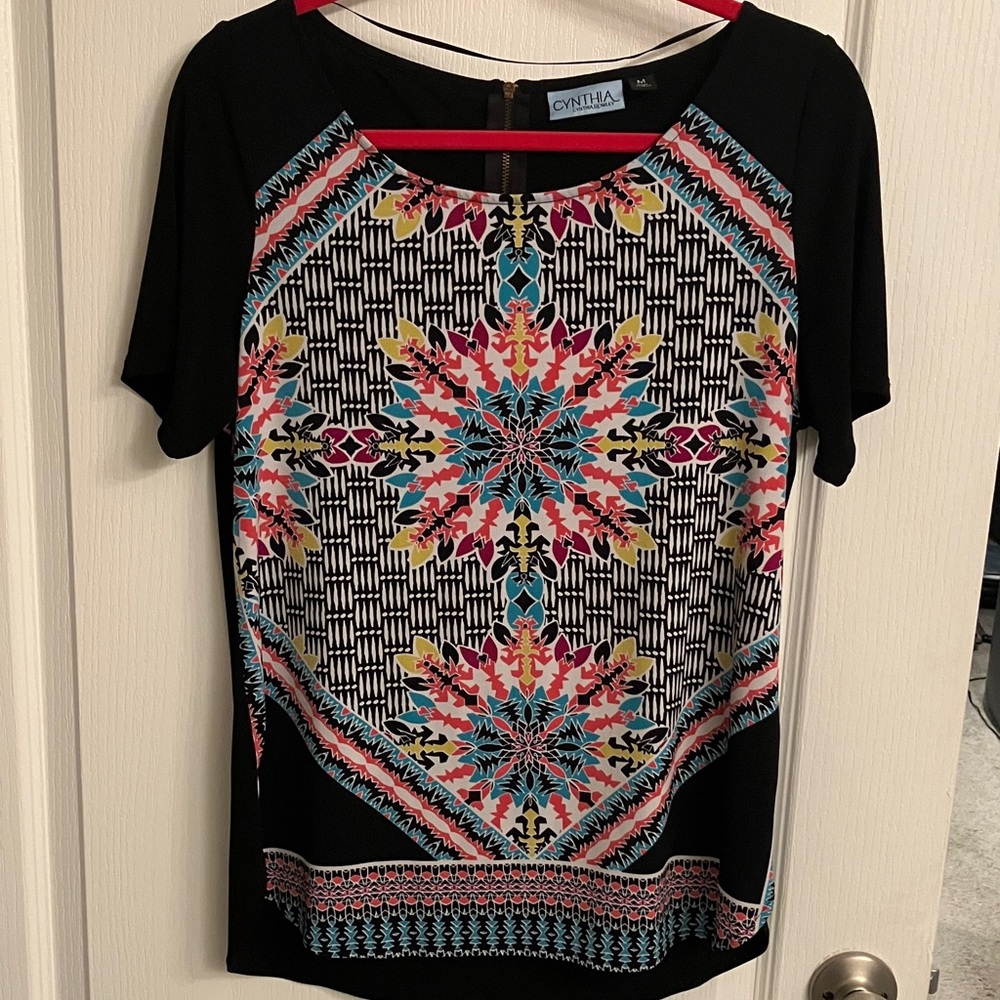 Cynthia Rowley Black Top with Vibrant Multicolor Design